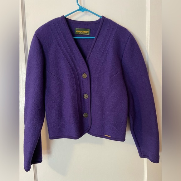 Geiger Solid Purple Buttonfront Sweater Wool Size 42 (US 12) Made In‎ Austria - Picture 1 of 4